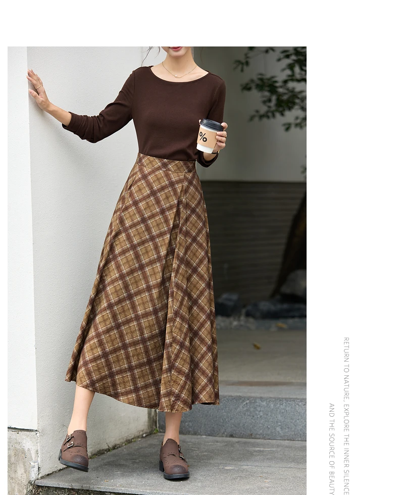 VIMLY Long Skirt Women Casual Plaid Folds A-Line Female Skirts Autumn 2026 Vintage High Waist Zip Up Maxi Ladies Skirts A3790