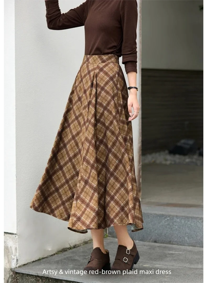 VIMLY Long Skirt Women Casual Plaid Folds A-Line Female Skirts Autumn 2026 Vintage High Waist Zip Up Maxi Ladies Skirts A3790
