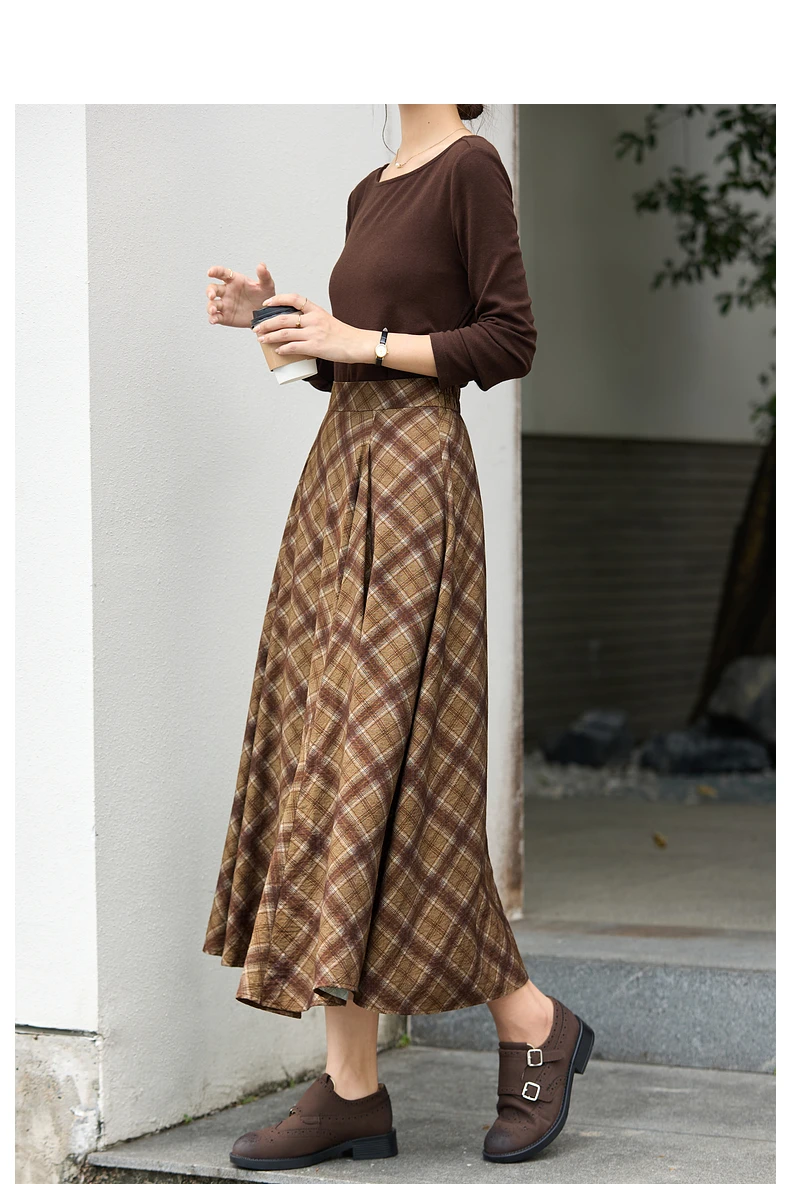 VIMLY Long Skirt Women Casual Plaid Folds A-Line Female Skirts Autumn 2026 Vintage High Waist Zip Up Maxi Ladies Skirts A3790