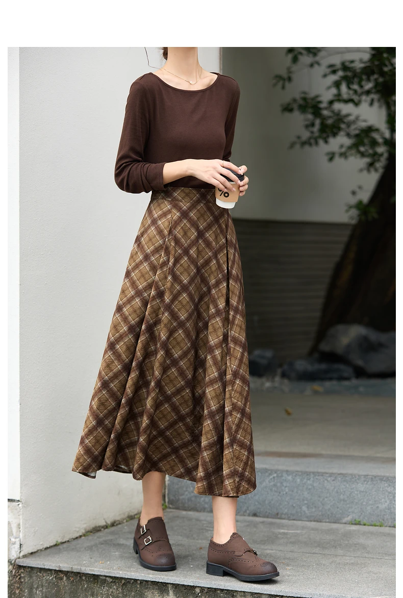 VIMLY Long Skirt Women Casual Plaid Folds A-Line Female Skirts Autumn 2026 Vintage High Waist Zip Up Maxi Ladies Skirts A3790