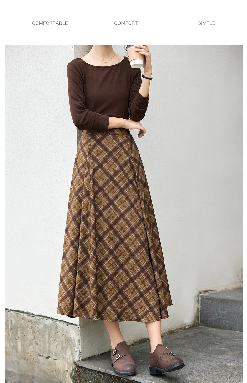 VIMLY Long Skirt Women Casual Plaid Folds A-Line Female Skirts Autumn 2026 Vintage High Waist Zip Up Maxi Ladies Skirts A3790