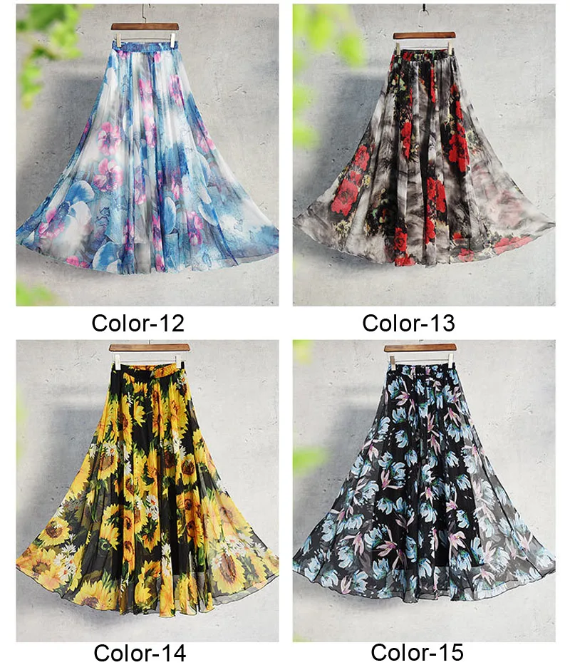 New Fashion 2025 Women's BOHO Elegant Florals Print Chiffon Long Skirt Ladies Slim High-Waist Elastic Waist Pleated Skirts SK15