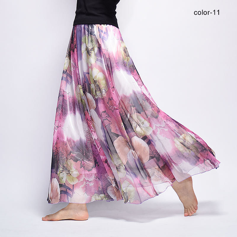 New Fashion 2025 Women's BOHO Elegant Florals Print Chiffon Long Skirt Ladies Slim High-Waist Elastic Waist Pleated Skirts SK15
