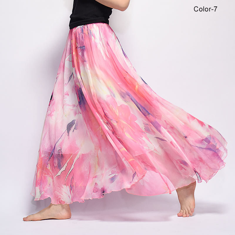 New Fashion 2025 Women's BOHO Elegant Florals Print Chiffon Long Skirt Ladies Slim High-Waist Elastic Waist Pleated Skirts SK15