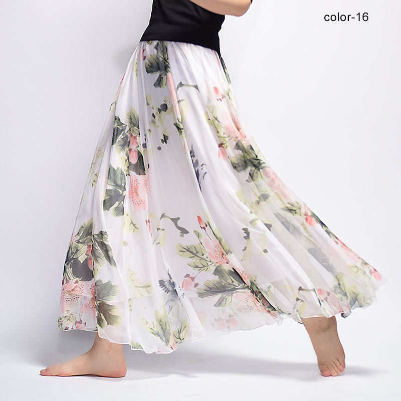 New Fashion 2025 Women's BOHO Elegant Florals Print Chiffon Long Skirt Ladies Slim High-Waist Elastic Waist Pleated Skirts SK15