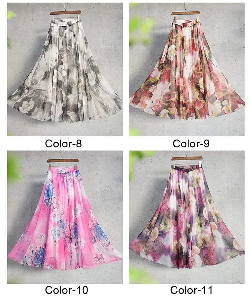New Fashion 2025 Women's BOHO Elegant Florals Print Chiffon Long Skirt Ladies Slim High-Waist Elastic Waist Pleated Skirts SK15
