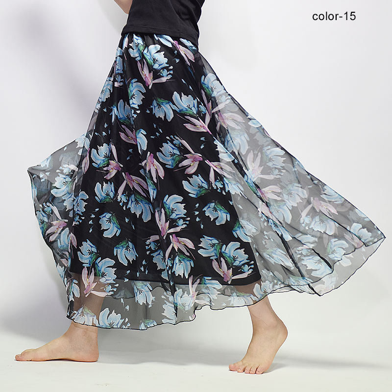 New Fashion 2025 Women's BOHO Elegant Florals Print Chiffon Long Skirt Ladies Slim High-Waist Elastic Waist Pleated Skirts SK15