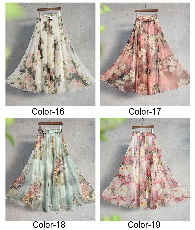 New Fashion 2025 Women's BOHO Elegant Florals Print Chiffon Long Skirt Ladies Slim High-Waist Elastic Waist Pleated Skirts SK15