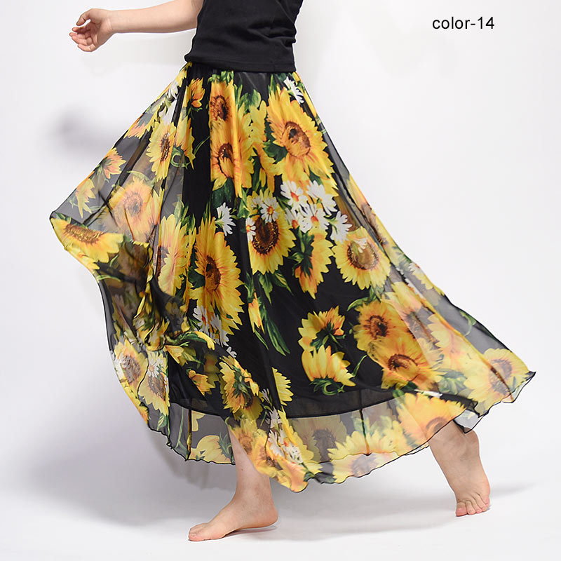 New Fashion 2025 Women's BOHO Elegant Florals Print Chiffon Long Skirt Ladies Slim High-Waist Elastic Waist Pleated Skirts SK15