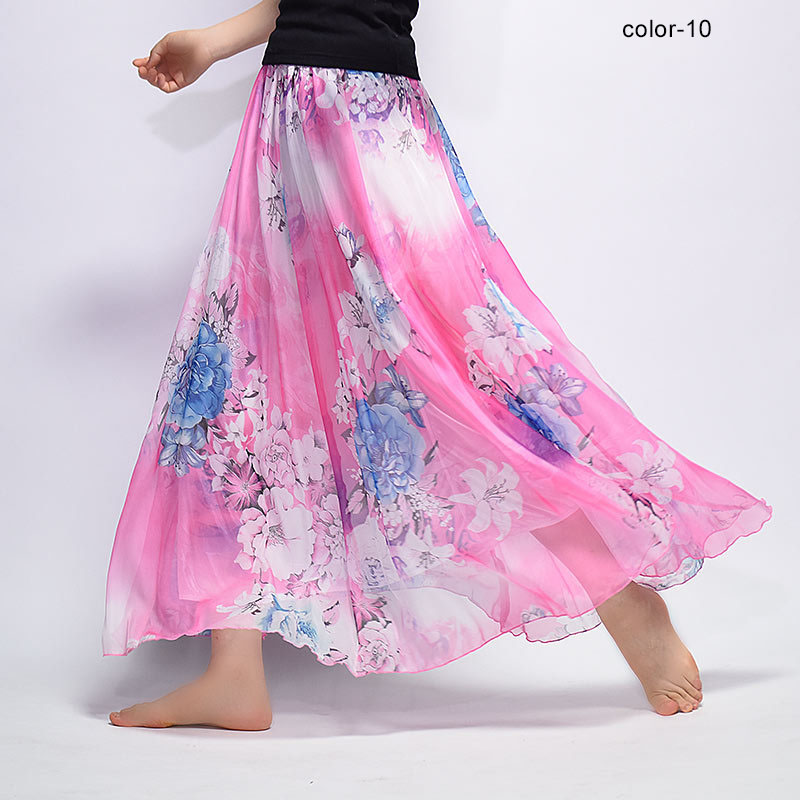 New Fashion 2025 Women's BOHO Elegant Florals Print Chiffon Long Skirt Ladies Slim High-Waist Elastic Waist Pleated Skirts SK15