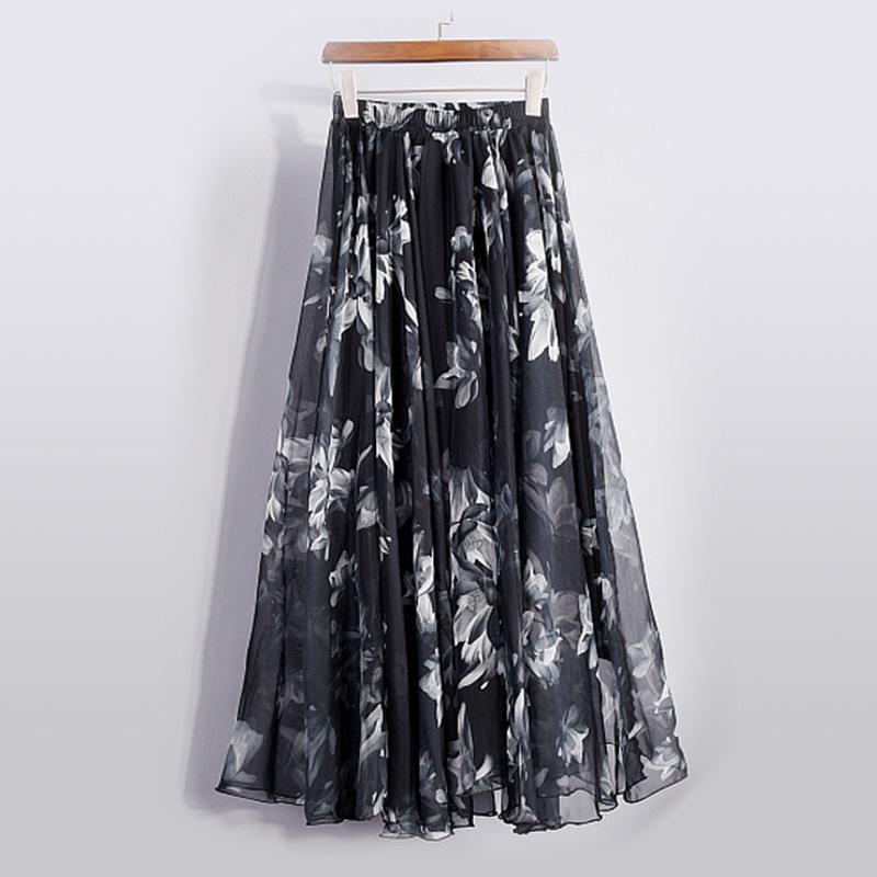 New Fashion 2025 Women's BOHO Elegant Florals Print Chiffon Long Skirt Ladies Slim High-Waist Elastic Waist Pleated Skirts SK15