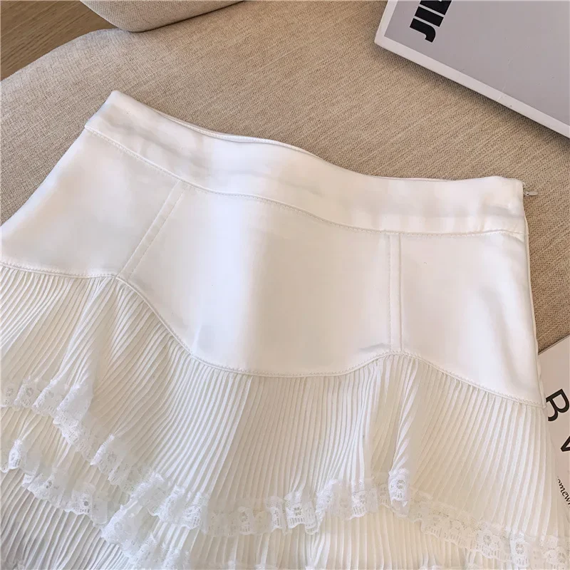 Sweet Lace Ruffle Mini Skirt Women Summer High Waist Patchwork Pleated Skirts Y2K Female Korean Fashion Preppy A Line Skirts