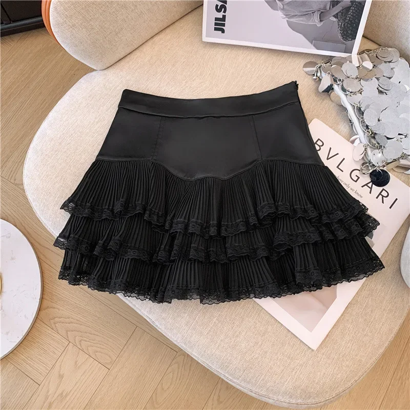 Sweet Lace Ruffle Mini Skirt Women Summer High Waist Patchwork Pleated Skirts Y2K Female Korean Fashion Preppy A Line Skirts