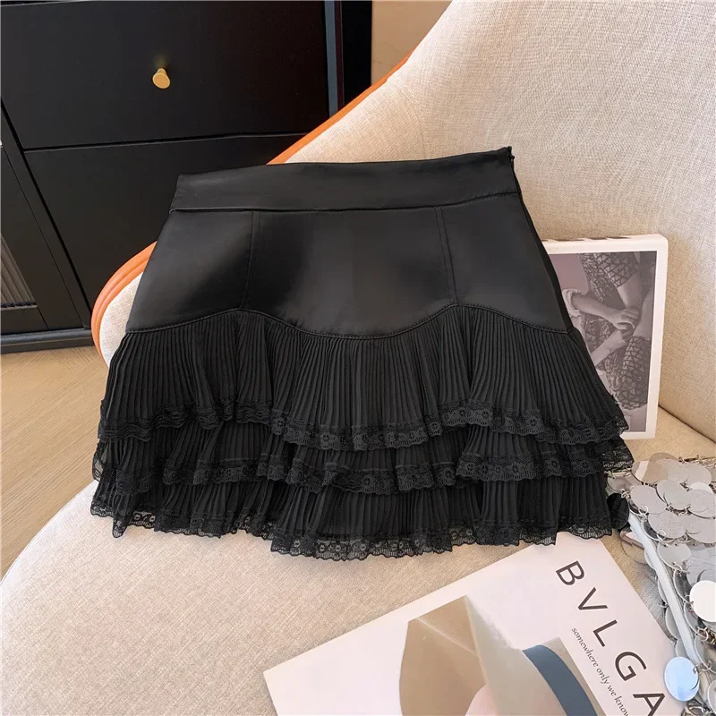 Sweet Lace Ruffle Mini Skirt Women Summer High Waist Patchwork Pleated Skirts Y2K Female Korean Fashion Preppy A Line Skirts