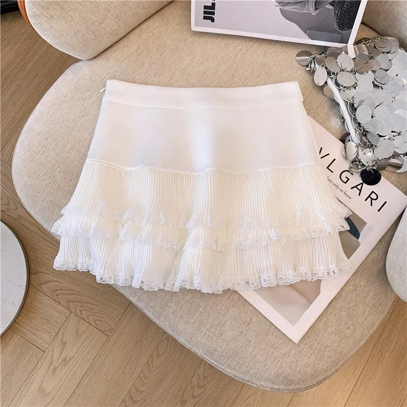 Sweet Lace Ruffle Mini Skirt Women Summer High Waist Patchwork Pleated Skirts Y2K Female Korean Fashion Preppy A Line Skirts