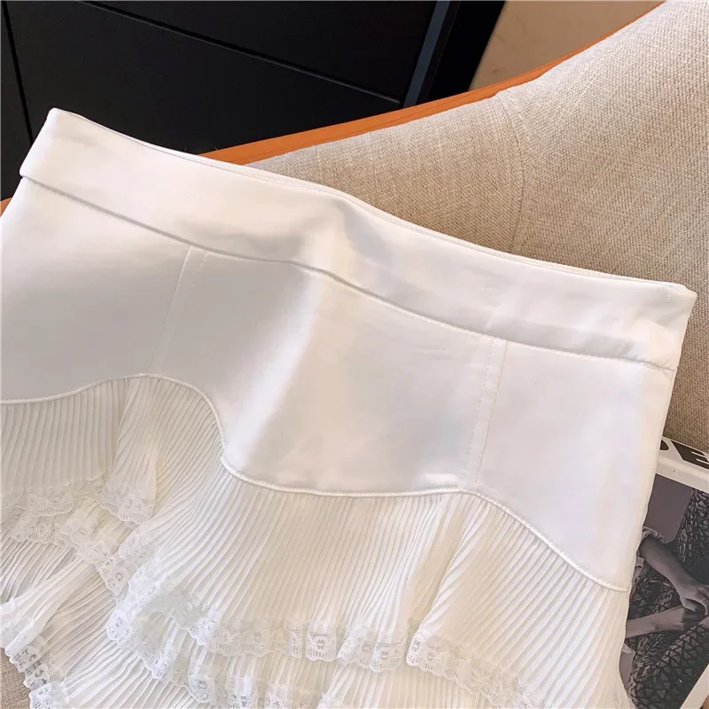 Sweet Lace Ruffle Mini Skirt Women Summer High Waist Patchwork Pleated Skirts Y2K Female Korean Fashion Preppy A Line Skirts