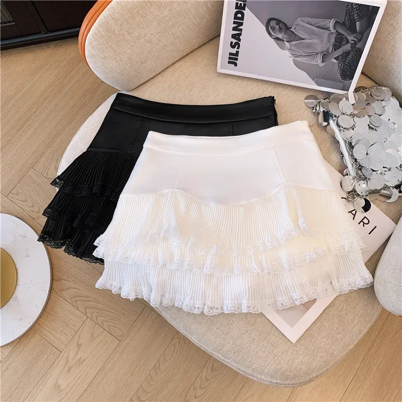 Sweet Lace Ruffle Mini Skirt Women Summer High Waist Patchwork Pleated Skirts Y2K Female Korean Fashion Preppy A Line Skirts