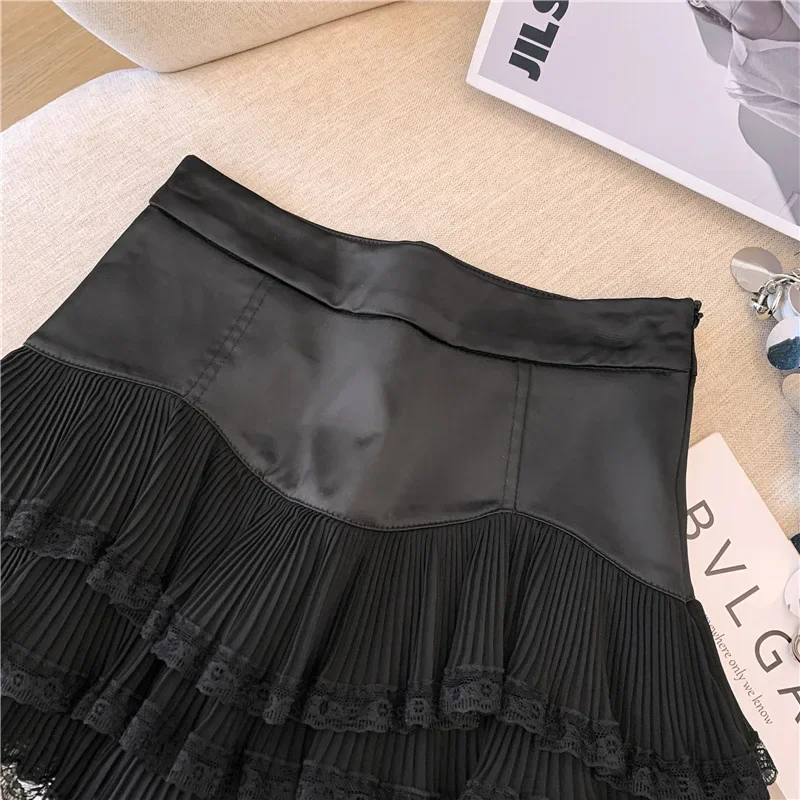 Sweet Lace Ruffle Mini Skirt Women Summer High Waist Patchwork Pleated Skirts Y2K Female Korean Fashion Preppy A Line Skirts