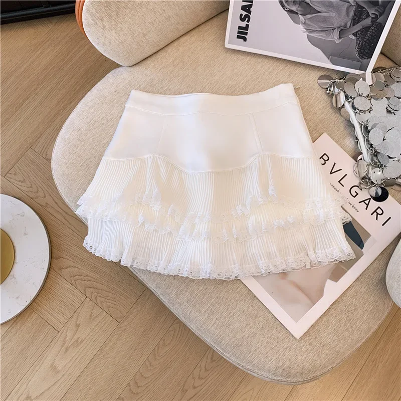Sweet Lace Ruffle Mini Skirt Women Summer High Waist Patchwork Pleated Skirts Y2K Female Korean Fashion Preppy A Line Skirts
