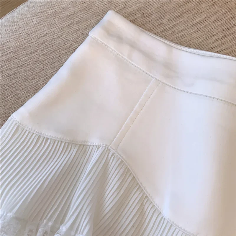 Sweet Lace Ruffle Mini Skirt Women Summer High Waist Patchwork Pleated Skirts Y2K Female Korean Fashion Preppy A Line Skirts