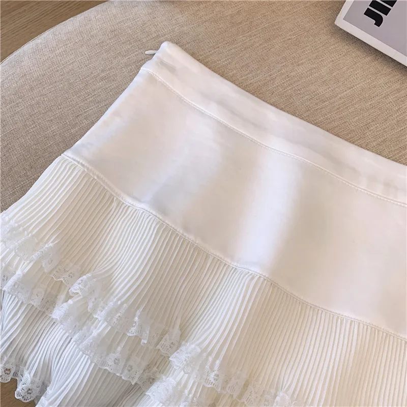 Sweet Lace Ruffle Mini Skirt Women Summer High Waist Patchwork Pleated Skirts Y2K Female Korean Fashion Preppy A Line Skirts
