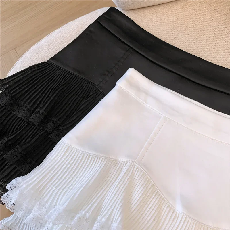 Sweet Lace Ruffle Mini Skirt Women Summer High Waist Patchwork Pleated Skirts Y2K Female Korean Fashion Preppy A Line Skirts