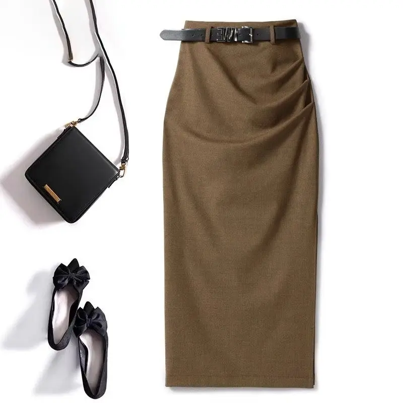 Autumn Office Lady Pencil Skirt Elegant Pleated Midi Skirts Women High Waist Slim Temperament Formal Party Skirt Belt Belt 438A