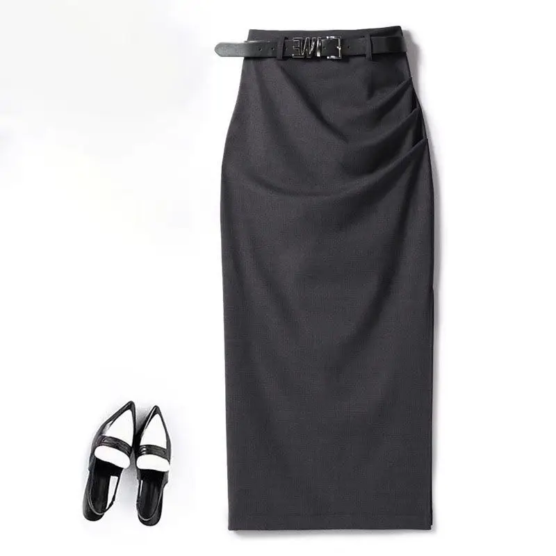 Autumn Office Lady Pencil Skirt Elegant Pleated Midi Skirts Women High Waist Slim Temperament Formal Party Skirt Belt Belt 438A