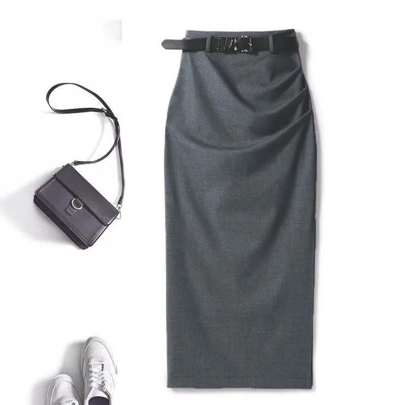 Autumn Office Lady Pencil Skirt Elegant Pleated Midi Skirts Women High Waist Slim Temperament Formal Party Skirt Belt Belt 438A