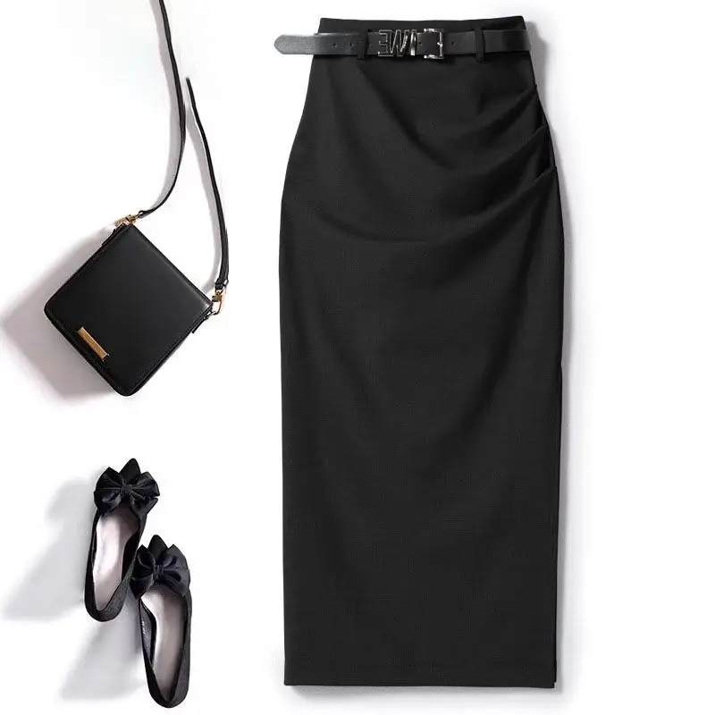 Autumn Office Lady Pencil Skirt Elegant Pleated Midi Skirts Women High Waist Slim Temperament Formal Party Skirt Belt Belt 438A