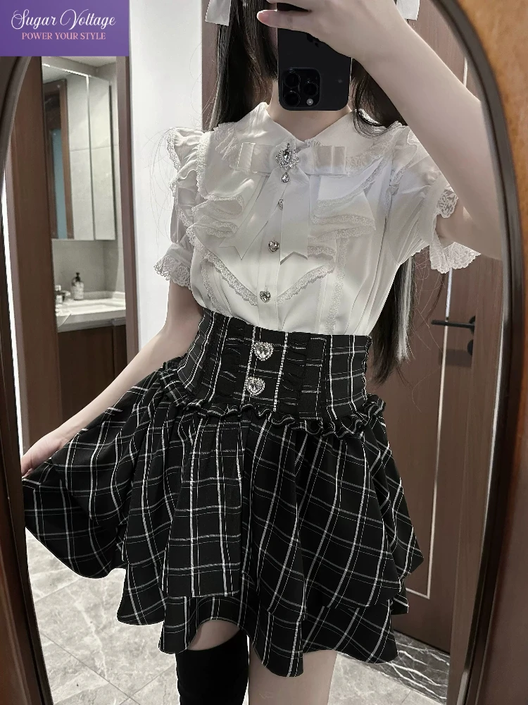 Women's Jirai Kei Lolita Plaid Lace Up High Waist Skirt Sweet A Line Punk Kawaii Subculture Daily Japanese Harajuku Cute Outfit
