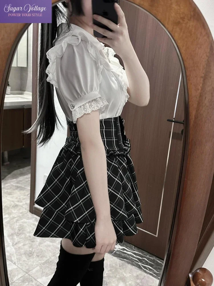 Women's Jirai Kei Lolita Plaid Lace Up High Waist Skirt Sweet A Line Punk Kawaii Subculture Daily Japanese Harajuku Cute Outfit