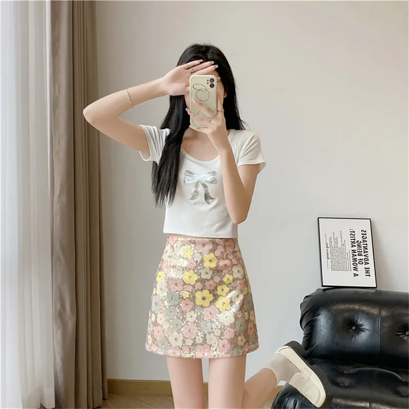 Limiguyue Summer Four Color Flower Sequin Skirt Women High Waist A-Line Mini Skirts Female Luxury Cute All Match Clothes Z161