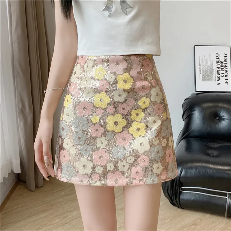 Limiguyue Summer Four Color Flower Sequin Skirt Women High Waist A-Line Mini Skirts Female Luxury Cute All Match Clothes Z161