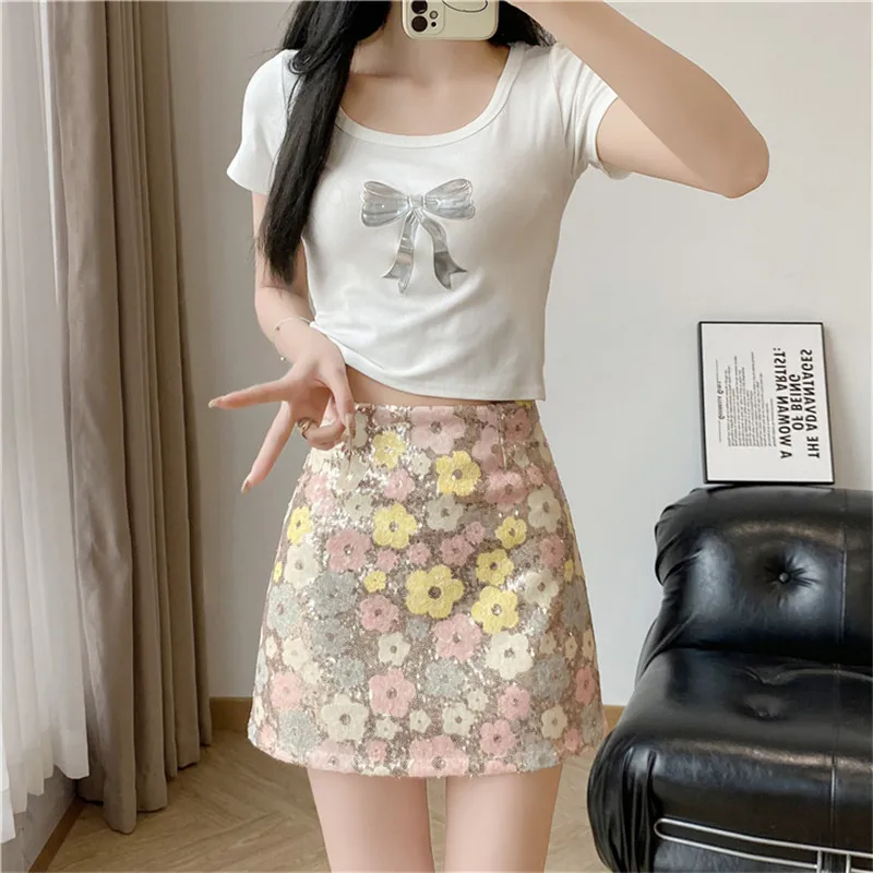 Limiguyue Summer Four Color Flower Sequin Skirt Women High Waist A-Line Mini Skirts Female Luxury Cute All Match Clothes Z161