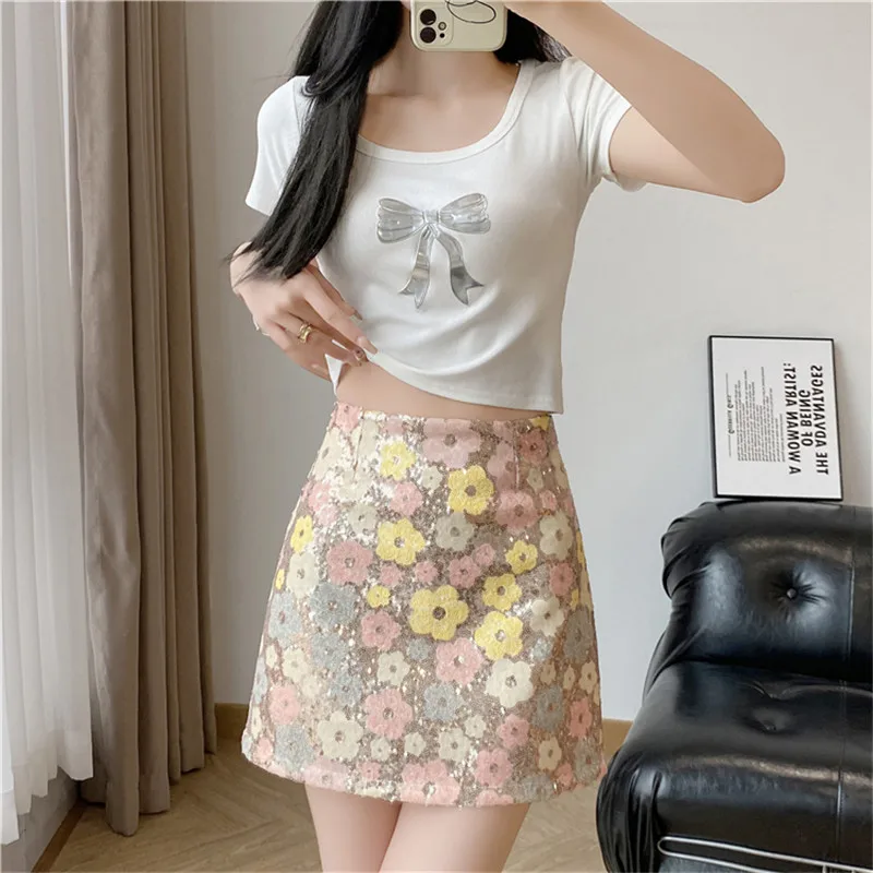 Limiguyue Summer Four Color Flower Sequin Skirt Women High Waist A-Line Mini Skirts Female Luxury Cute All Match Clothes Z161