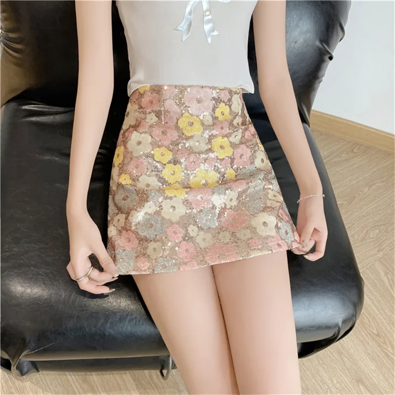 Limiguyue Summer Four Color Flower Sequin Skirt Women High Waist A-Line Mini Skirts Female Luxury Cute All Match Clothes Z161