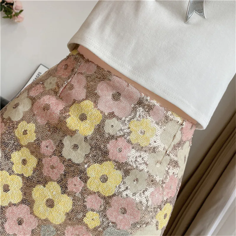 Limiguyue Summer Four Color Flower Sequin Skirt Women High Waist A-Line Mini Skirts Female Luxury Cute All Match Clothes Z161