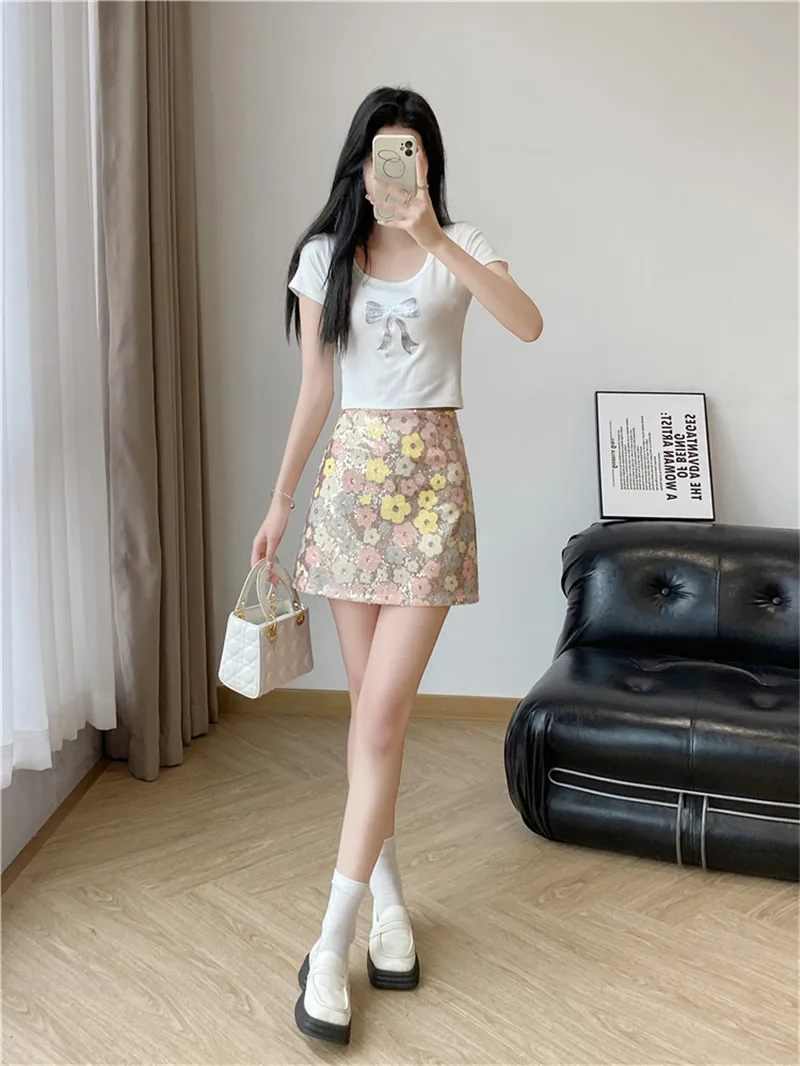 Limiguyue Summer Four Color Flower Sequin Skirt Women High Waist A-Line Mini Skirts Female Luxury Cute All Match Clothes Z161