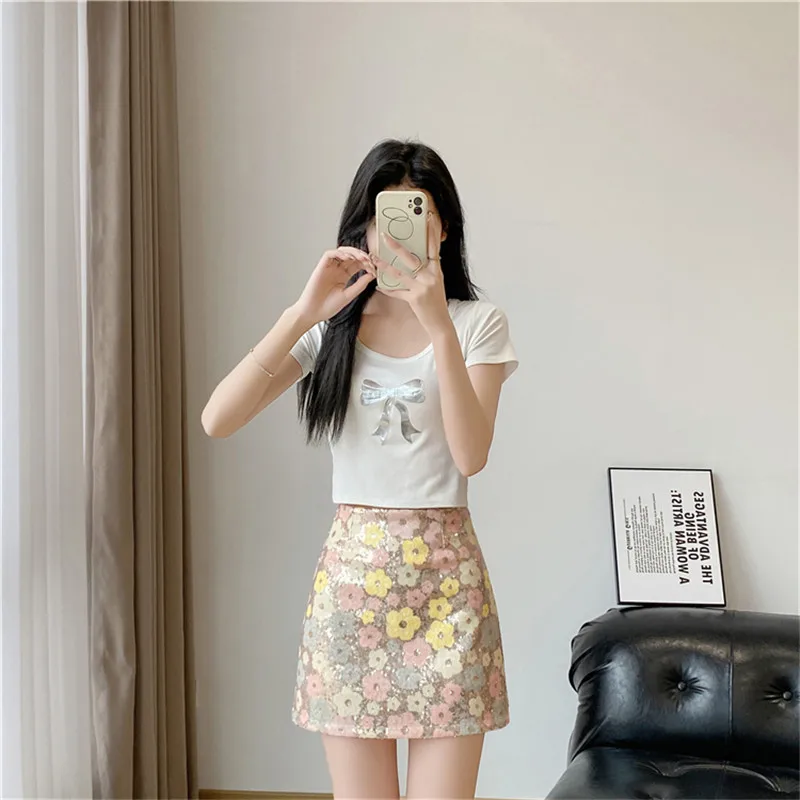 Limiguyue Summer Four Color Flower Sequin Skirt Women High Waist A-Line Mini Skirts Female Luxury Cute All Match Clothes Z161