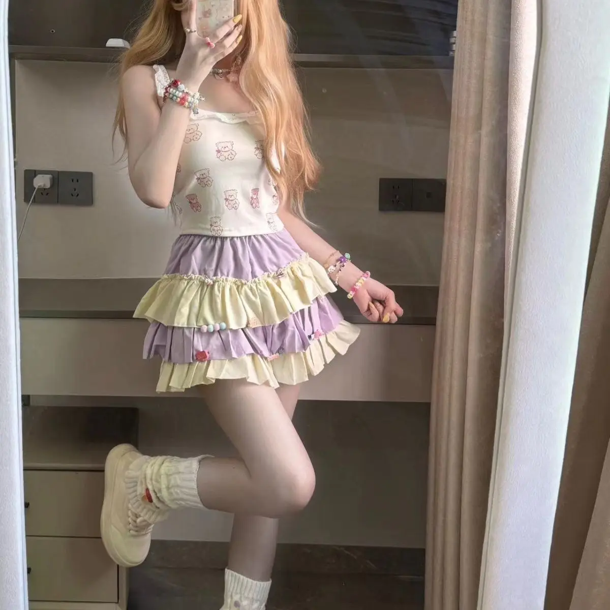 Y2k Aesthetic Contrast Color Women Skirts Harajuku Ball Gown High Waist Ruffled Mini Skirt 2026 Summer Grunge Sweet Cake Faldas