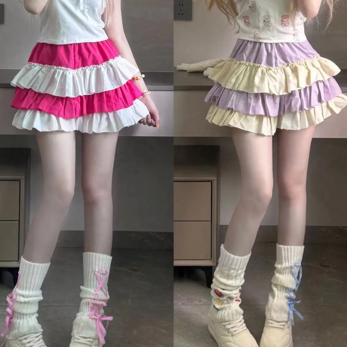 Y2k Aesthetic Contrast Color Women Skirts Harajuku Ball Gown High Waist Ruffled Mini Skirt 2026 Summer Grunge Sweet Cake Faldas