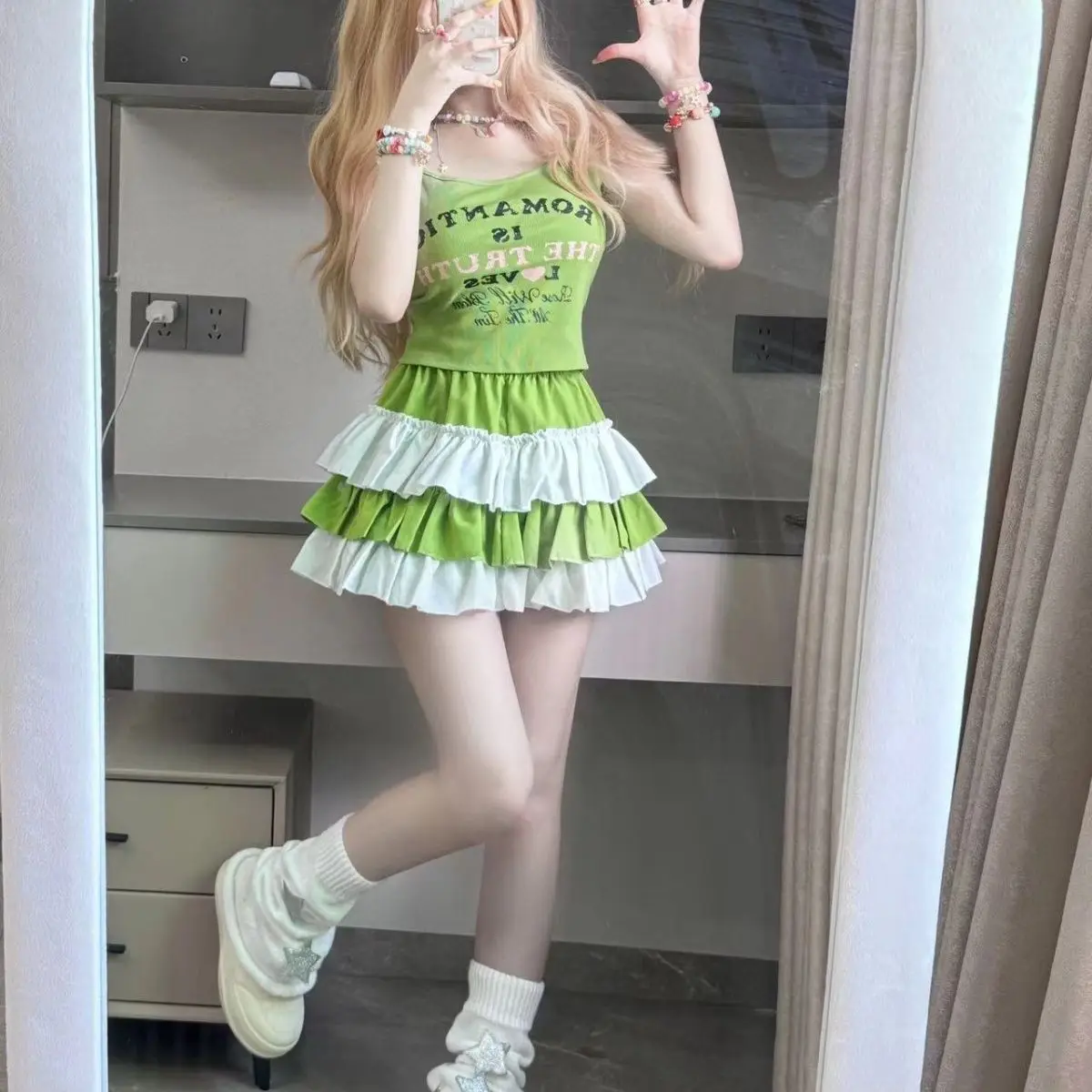 Y2k Aesthetic Contrast Color Women Skirts Harajuku Ball Gown High Waist Ruffled Mini Skirt 2026 Summer Grunge Sweet Cake Faldas