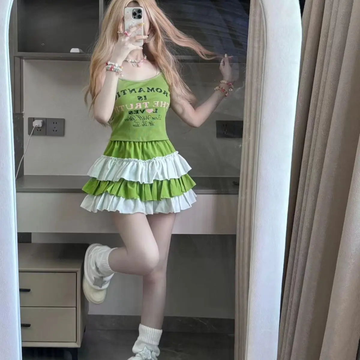 Y2k Aesthetic Contrast Color Women Skirts Harajuku Ball Gown High Waist Ruffled Mini Skirt 2026 Summer Grunge Sweet Cake Faldas