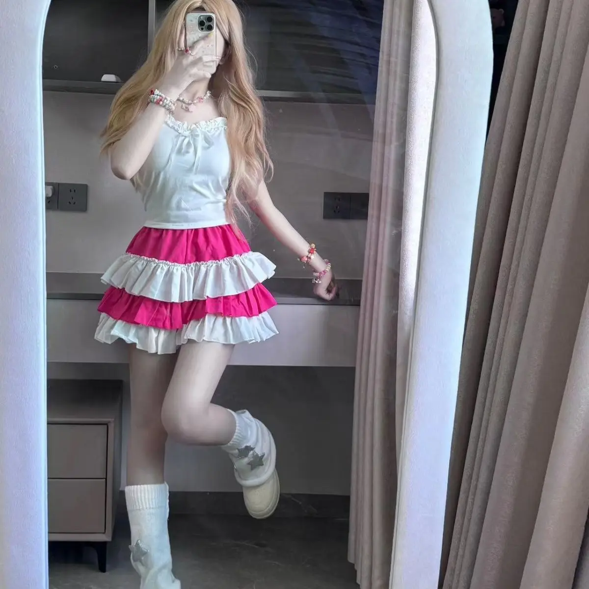 Y2k Aesthetic Contrast Color Women Skirts Harajuku Ball Gown High Waist Ruffled Mini Skirt 2026 Summer Grunge Sweet Cake Faldas