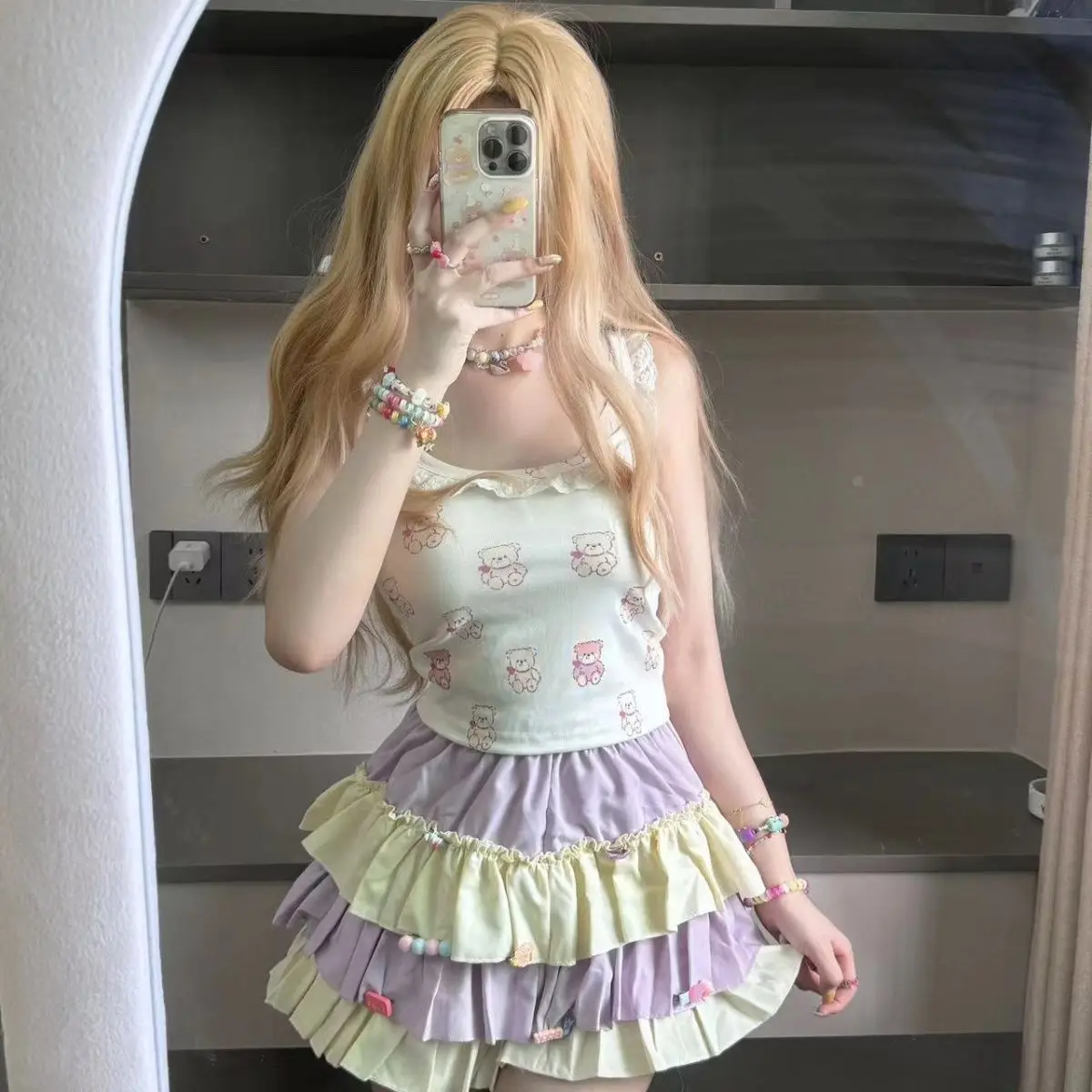 Y2k Aesthetic Contrast Color Women Skirts Harajuku Ball Gown High Waist Ruffled Mini Skirt 2026 Summer Grunge Sweet Cake Faldas
