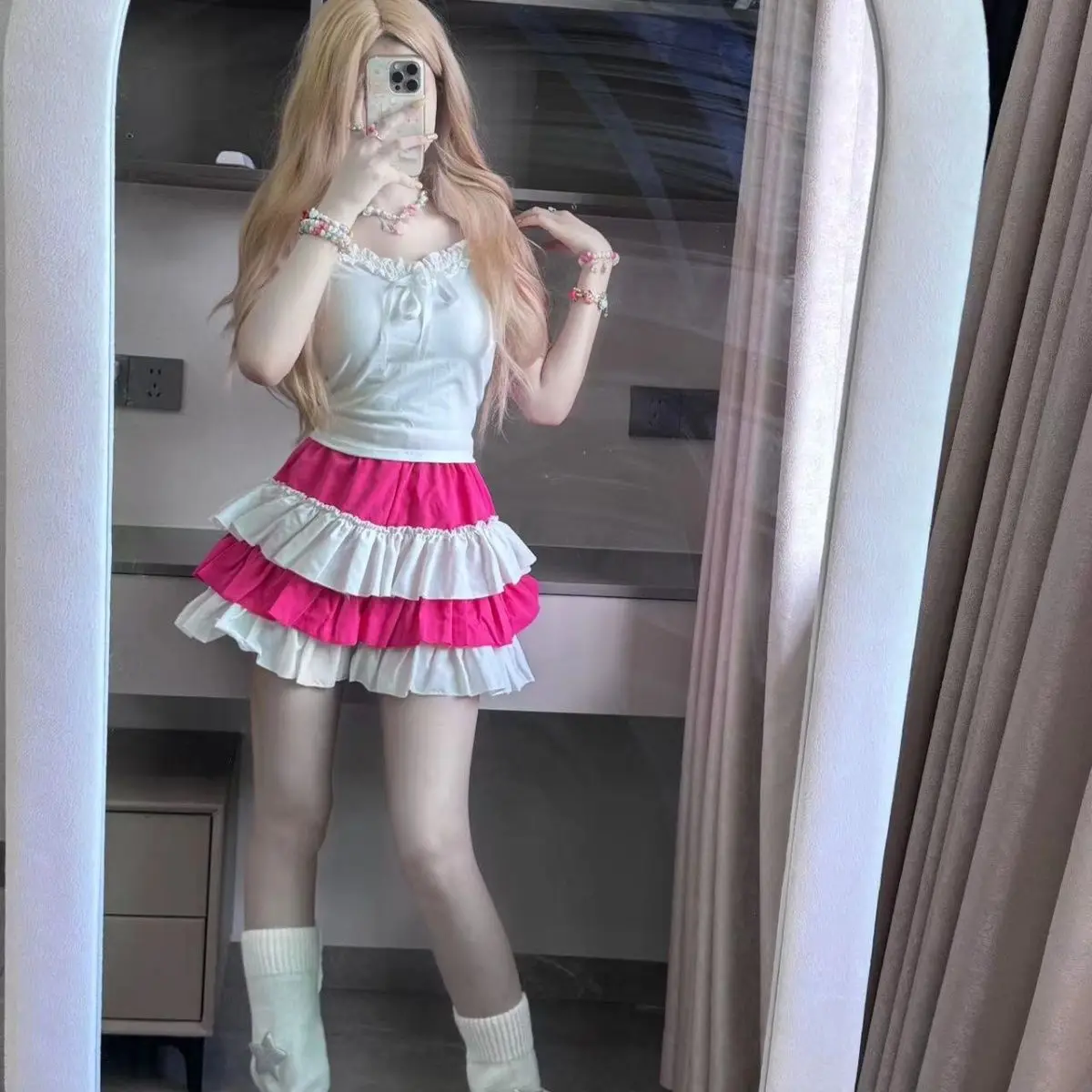 Y2k Aesthetic Contrast Color Women Skirts Harajuku Ball Gown High Waist Ruffled Mini Skirt 2026 Summer Grunge Sweet Cake Faldas