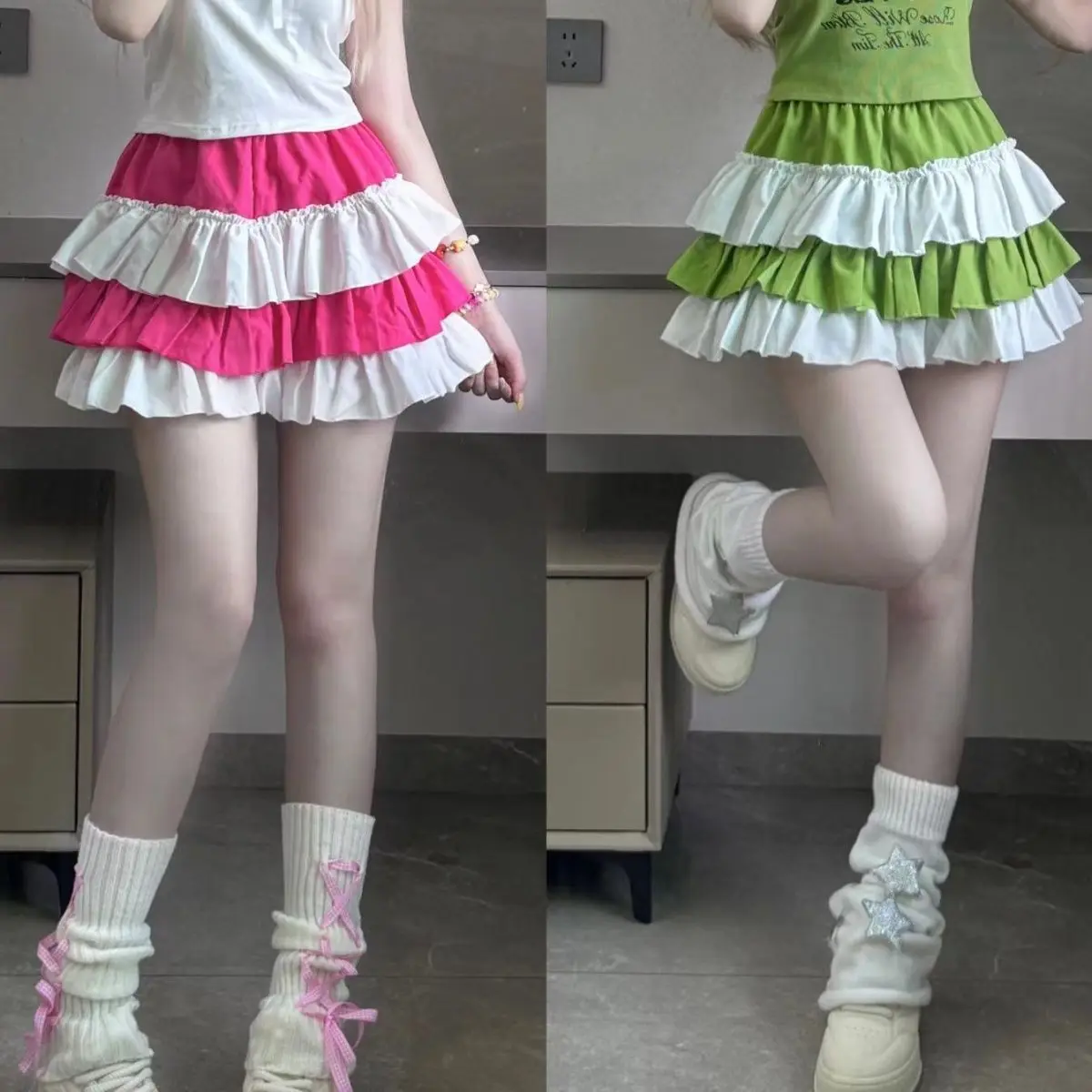 Y2k Aesthetic Contrast Color Women Skirts Harajuku Ball Gown High Waist Ruffled Mini Skirt 2026 Summer Grunge Sweet Cake Faldas