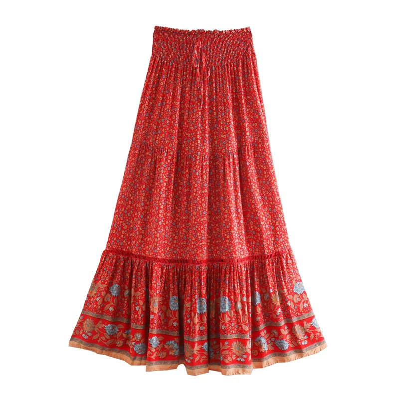 Vintage Chic Fashion Women Red Floral Print Beach Bohemian Pleated Skirt Rayon Cotton High-waisted Boho Maxi Skirts Femme