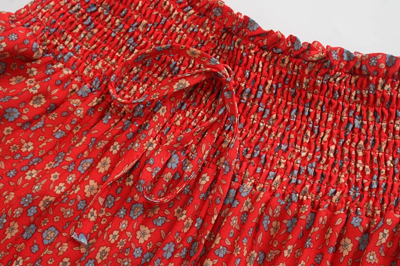 Vintage Chic Fashion Women Red Floral Print Beach Bohemian Pleated Skirt Rayon Cotton High-waisted Boho Maxi Skirts Femme